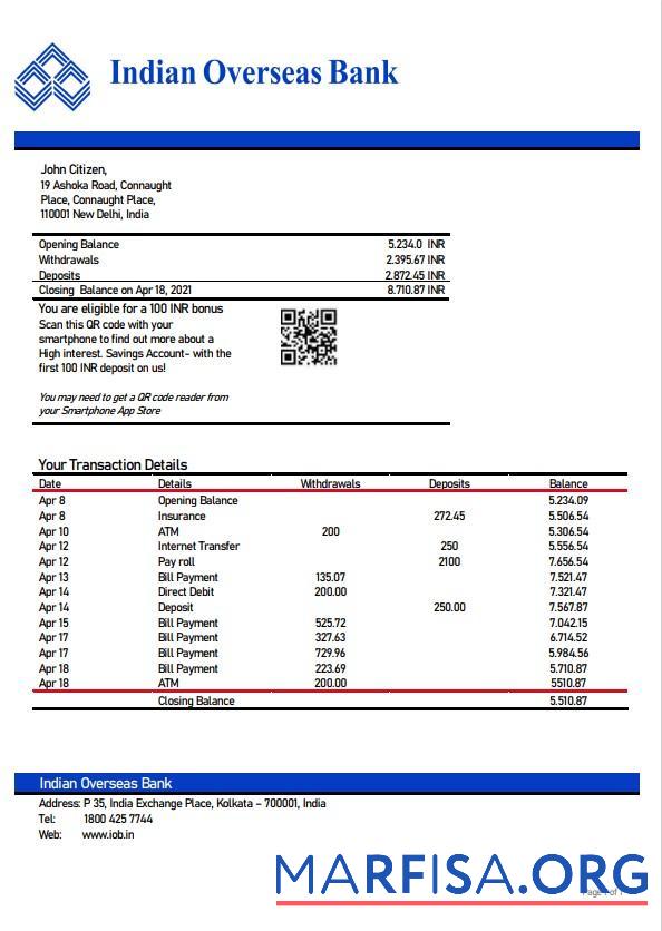 Downloadable India Indian Overseas bank statement word example